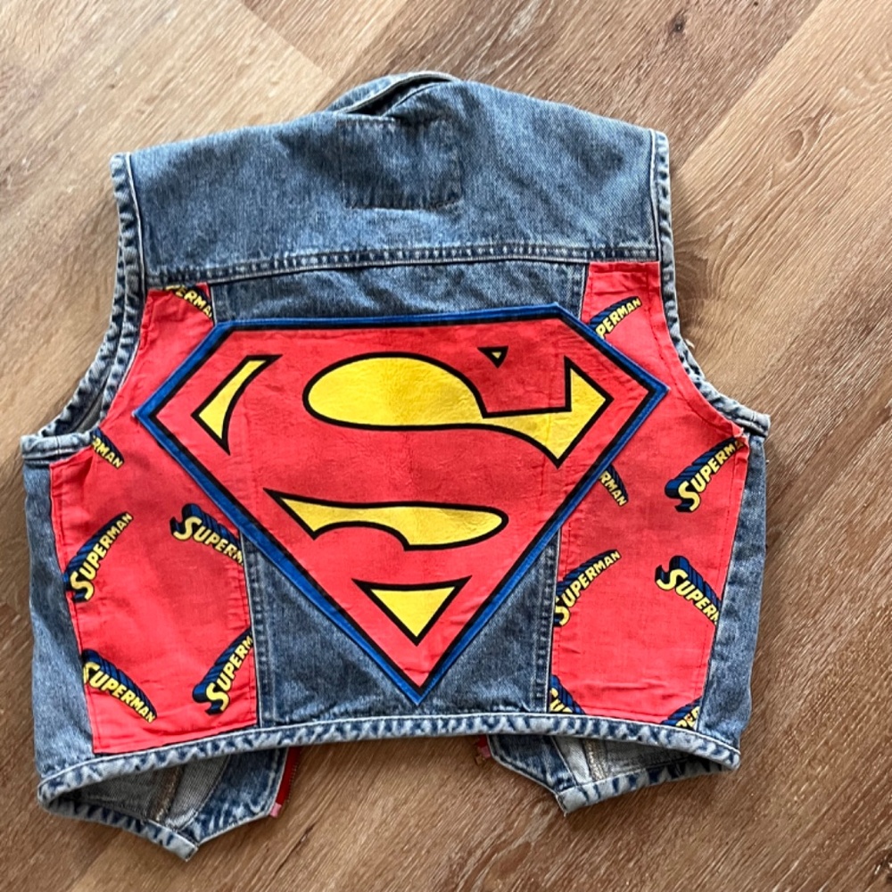 Hydraulic Jeans Vest - Superman Hand Applique Repurposed Jeans - Picture 5 of 12